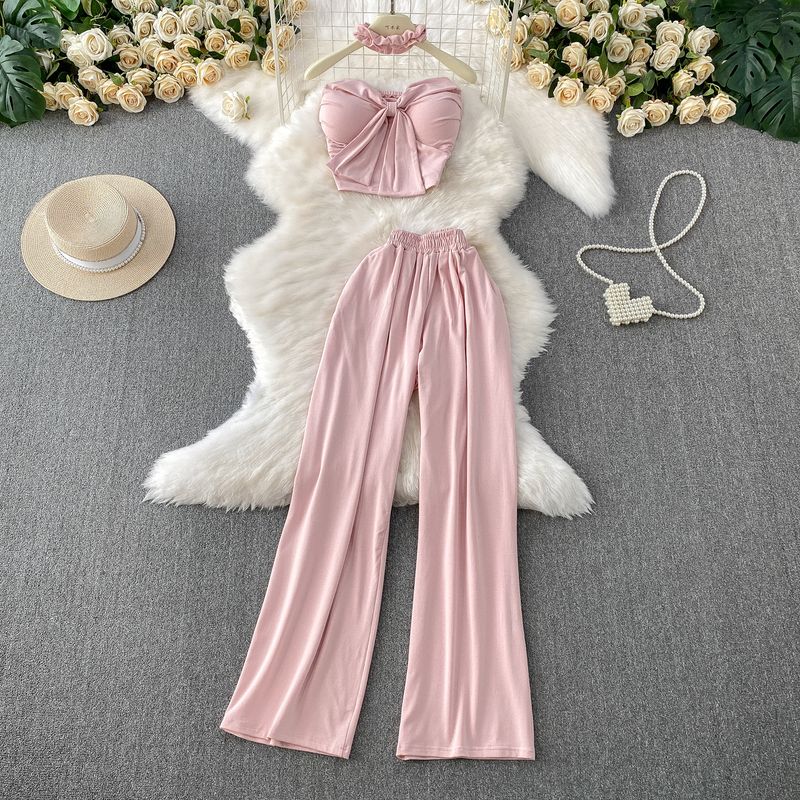 Pure Desire Style Sexy Lace-up Short With Chest Pad Tube Top Hanging Neck Top + High Waist Slimming Wide Leg Pants Two-piece Suit