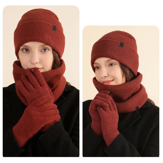 3 Pcs/Set Unisex Winter Beanie Scarf Gloves Set Thick Plush Knitted Warm Cap Gloves Elastic Ear Protection Windproof Cycling Dome Neck Warp Sete