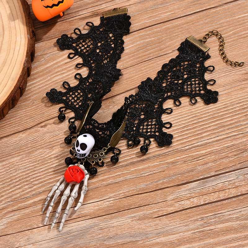 Gothic Black Beaded Flower Palm Sexy Lace Skeleton Choker Necklace Vintage Tassel Chain Women Steampunk Halloween Jewelry