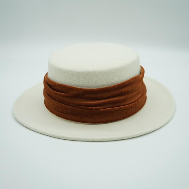 White Flat Top Small Brim Japanese French Retro British Elegant Velvet Woolen Top Hat Women'S Autumn And Winter Felt Hat