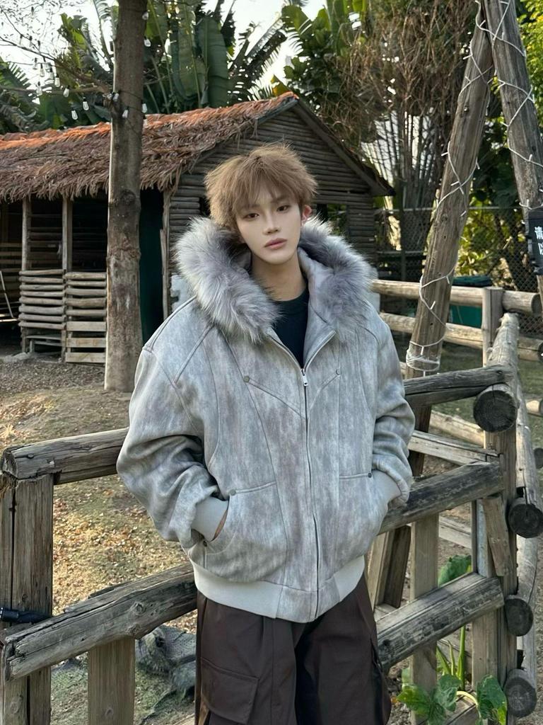 Unisex American Design Ink-Dyed Hooded Jacket with Fur Collar and Cotton Padding for 2025 Autumn/Winter.