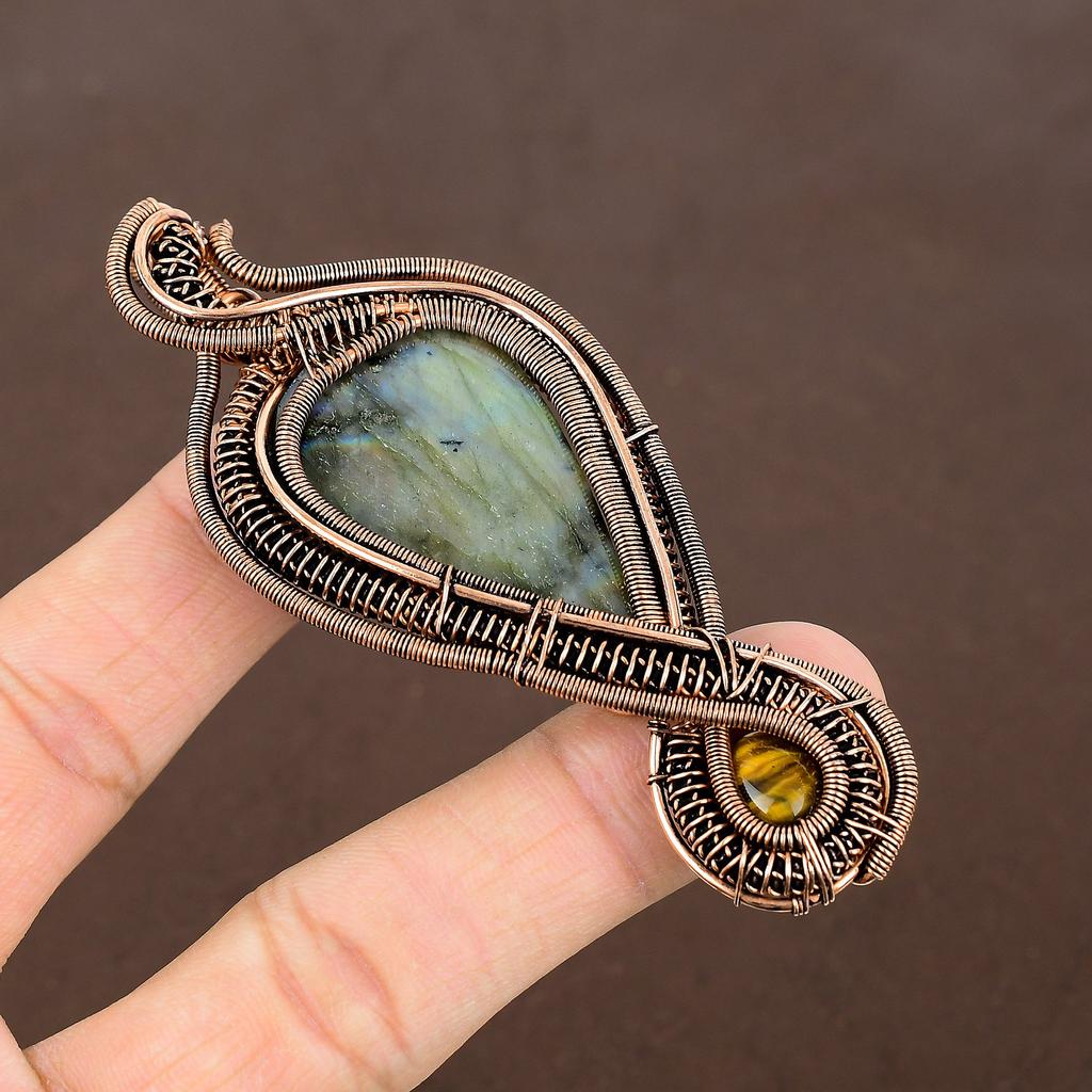 Labradorite, Tiger Eye Handmade Copper Wire Wrap Pendant 3.74" s7E55