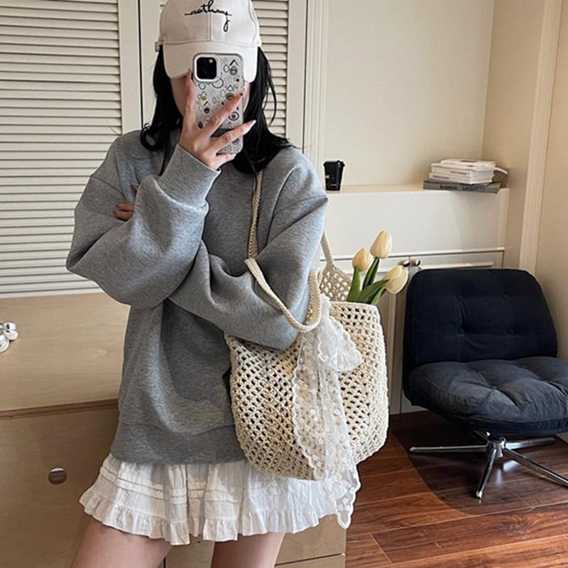 Yogodlns Women Crochet Tote Bag Fashion Knitted Large Capacity Woven Shoulder Bags Solid Color Simple Shopping Bag for Summer Beach