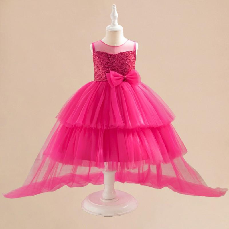 Girls Sequin Princess Tulle Dress Kids Piano Performance Host Gown 4-7Y