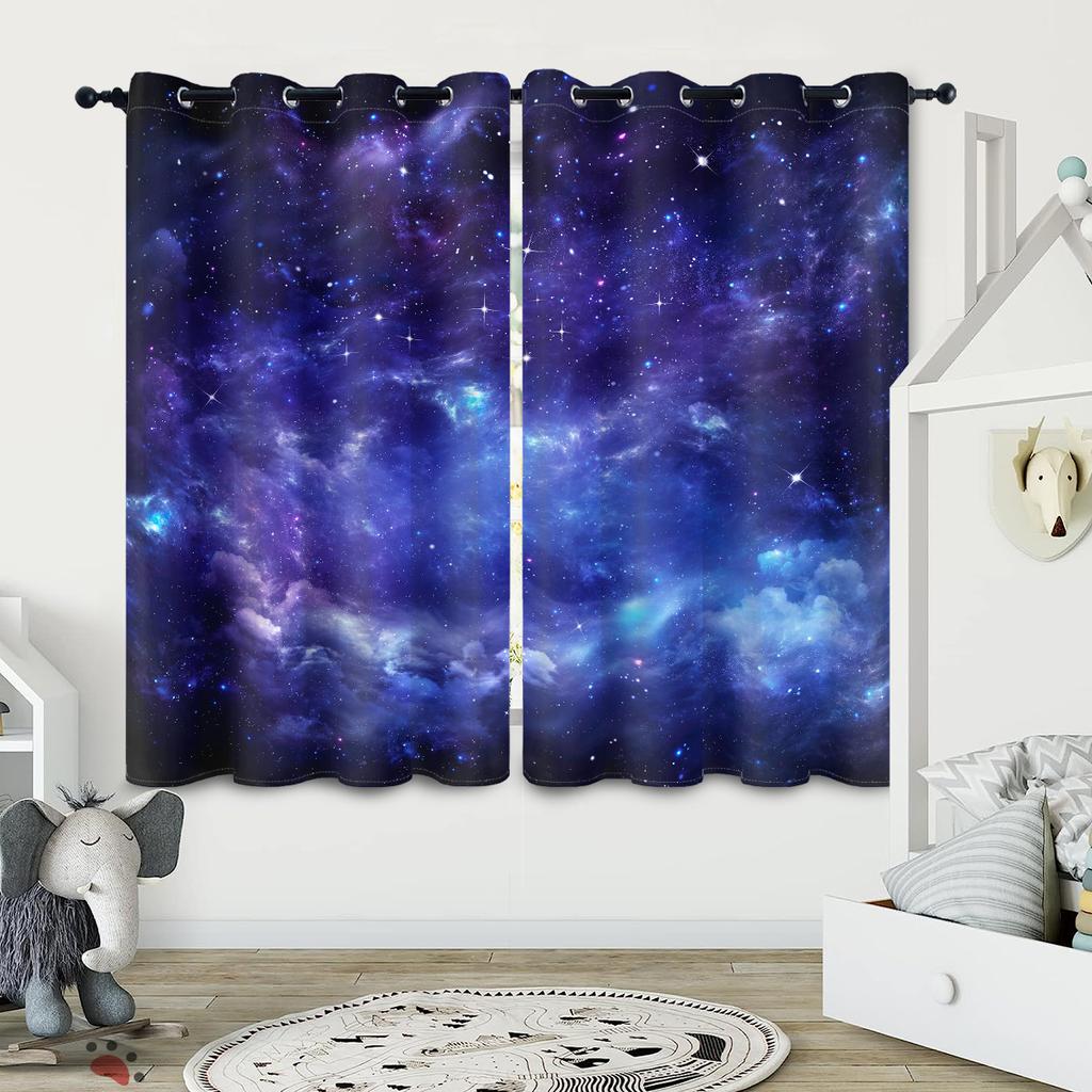2PC High Blackout Perforated Polyester Curtain, Double-sided Matte, Left and Right Double Opening, Blue Purple Nebula Galaxy
