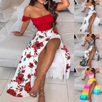 Women's Skirt Set Elegant Off Shoulder Cropped Top and Slit Mini Skirt Set Two Piece