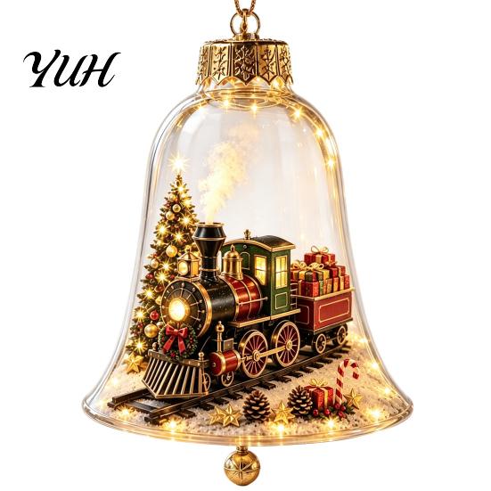 Vintage Christmas Tree Decor 3D Bell Ornament, Winter Scene Clear Decoration with Santa Holiday Home Atmosphere Enhancements Snowman Reindeer