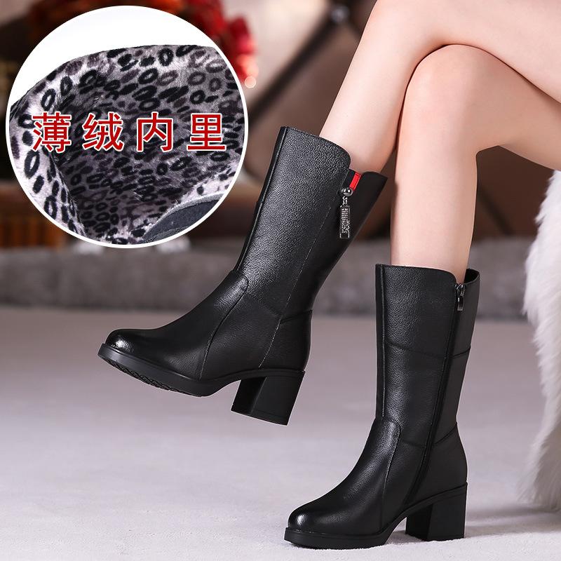 Fashion GKTINOO Women Mid-Calf Boots Winter Warm Side Zipper High Heel Booties Genuine Leather Platform Mother Shoes Female Footwear