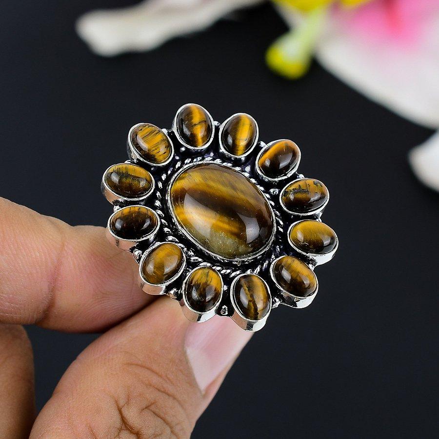 

Tiger Eye Gemstone Handmade 925 Sterling Silver Jewelry Ring Size 8 KG-147