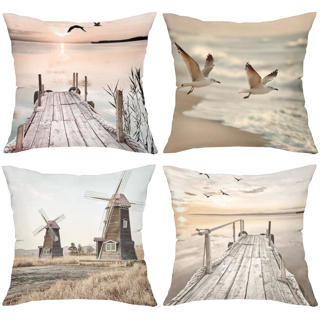 Seagull And Pier Windmill Printed Decorative Cushion Covers Polyester pillowcase, sofa decorative cushion cov Headboard Pillow