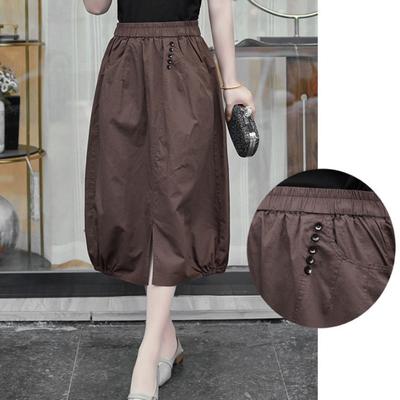 Women's High-Waist Slimming Bubble Hem Midi Skirt - Artsy Casual Vintage Style with Lantern Silhouette