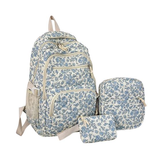 3 Pcs/Set Floral Backpack Women Flower Rucksack Shoulder Bag Makeup Pouch Quilted Daypack for Girls School Work Travel