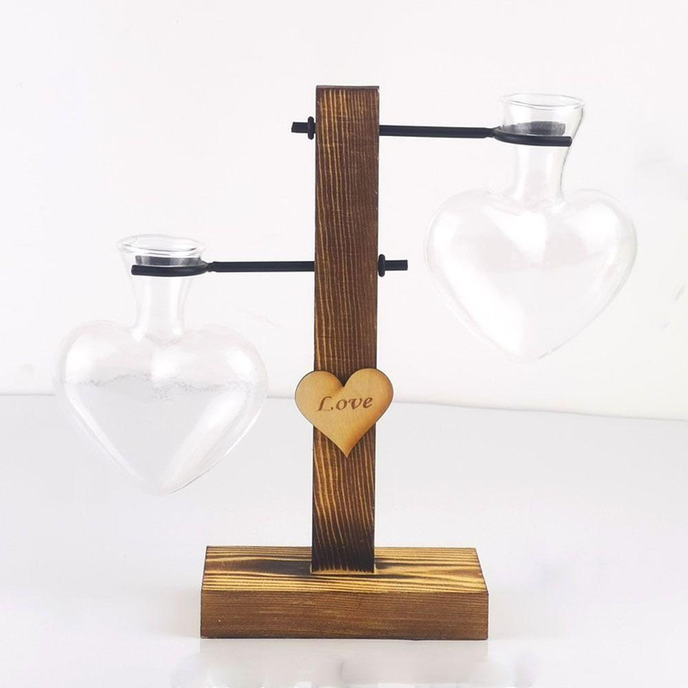 Herzförmige Hydroponik-Blumenvase Glas Transparente Glasvase Vase mit Holzrahmen Balkon