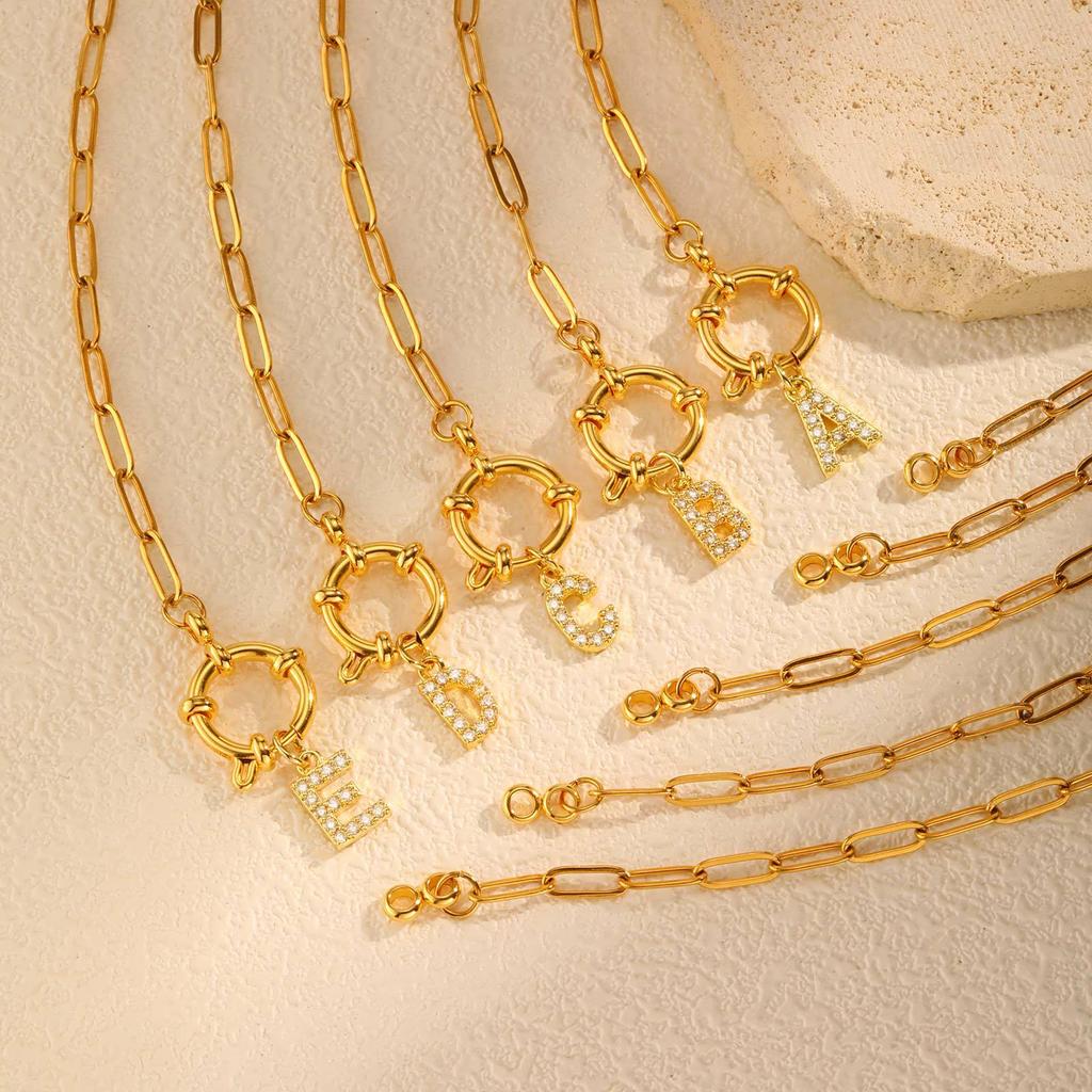 Stainless Steel Plated 18K Gold Stylish Simple Small Square Chain Bubble Buckle Copper 26 Letter Necklace Nc-1887