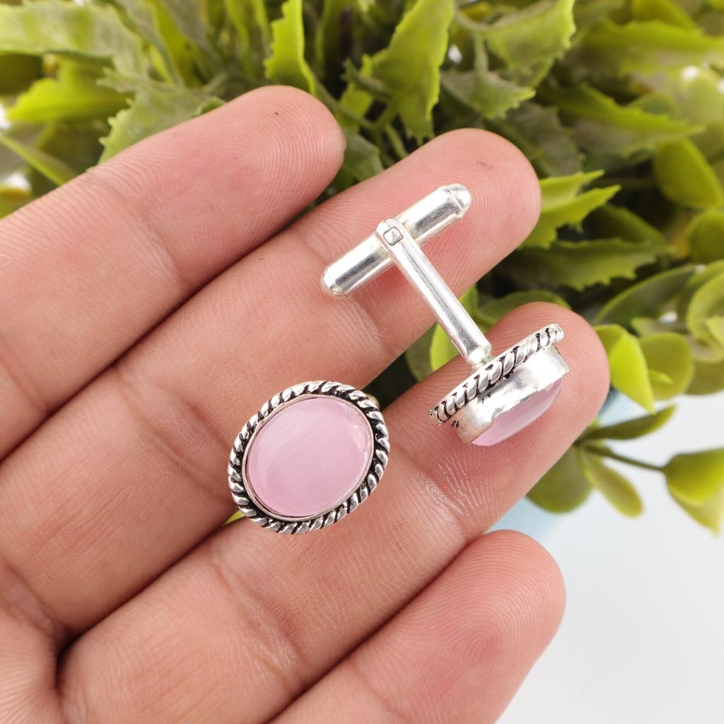 Pink Cat's Eye Gemstone 925 Stamped Silver Handmade Jewelry Boho Cufflinks 0.6" CL-1-27
