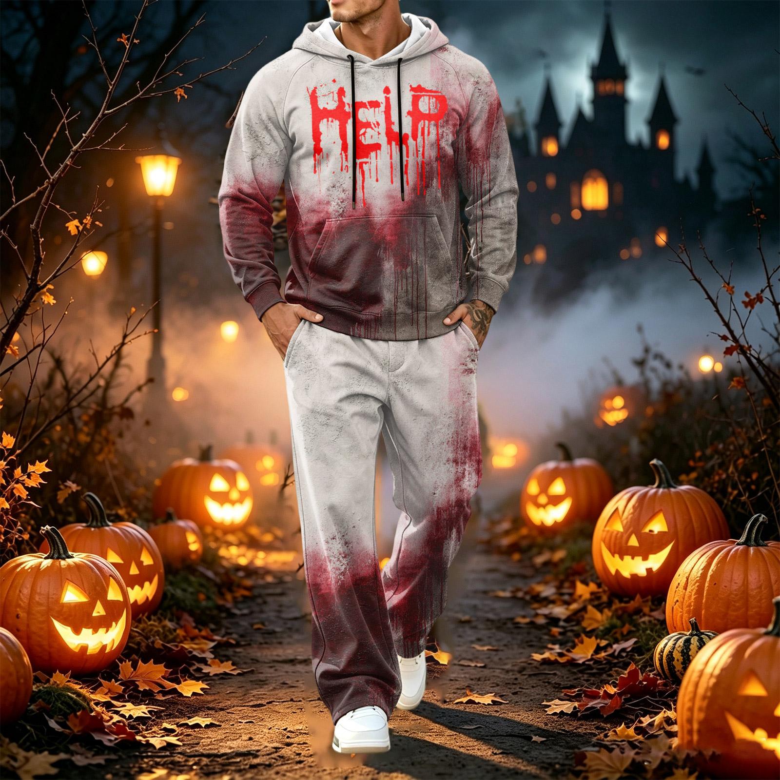 Men s Halloween Print Long Sleeve Hoodie and Jogger Pants 2-Piece Sweatsuit Set S