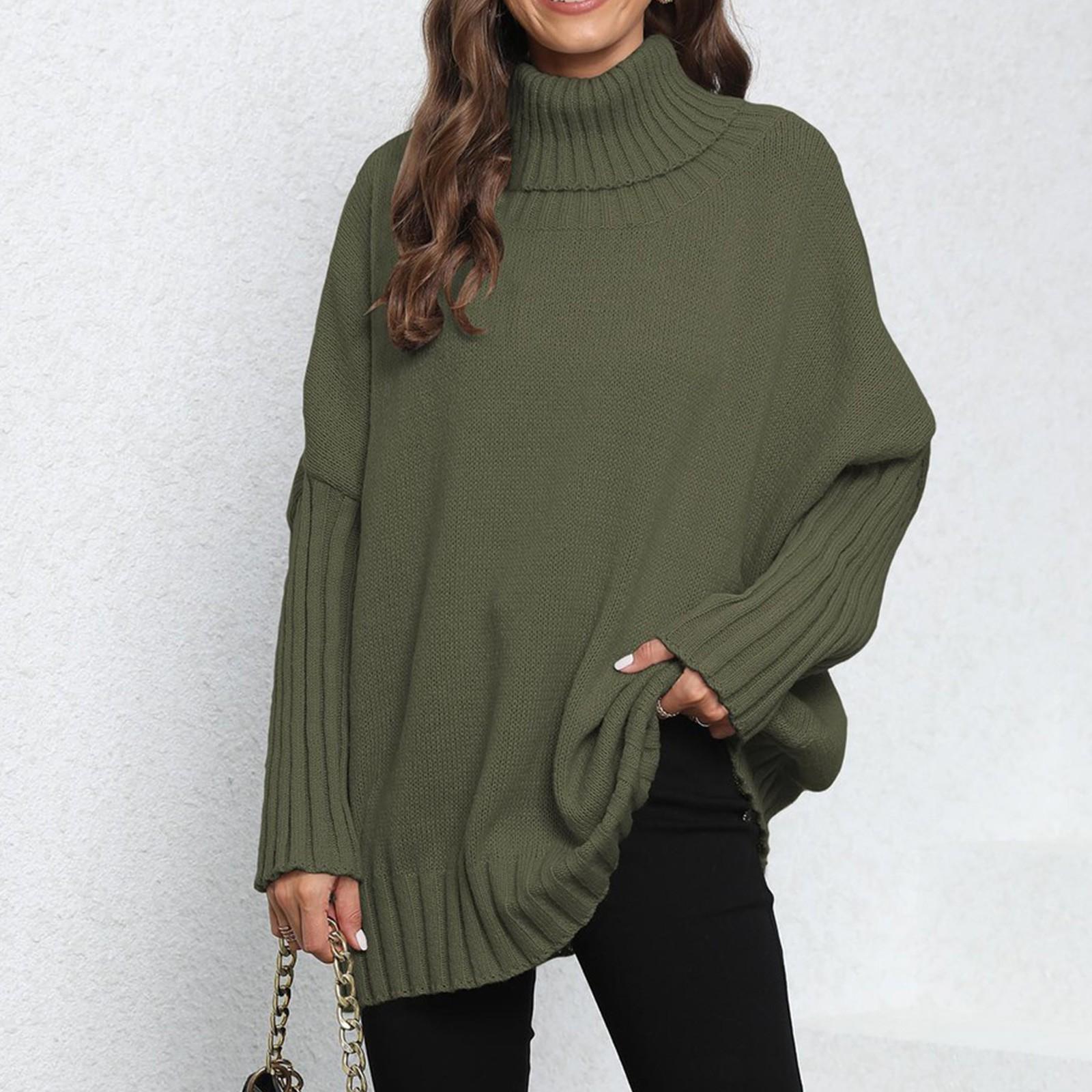 Women s Long Sleeved Casual Knitted  Patchwork High Neck Sweater Top One Size