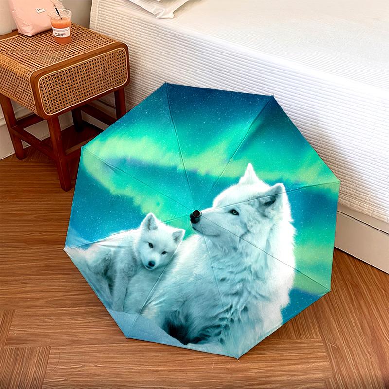 Rauchwolf-Muster, automatisch faltbarer Regenschirm, tragbares und faltbares Design, 8 Speichen, ein Weihnachts- oder Geburtstagsgeschenk.