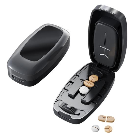 Přenosný dělič pilulek Nastavitelný dělič tablet 1/2 1/3 1/4 Dělič pilulek Přesné vycentrování a zarovnání pro kulaté oválné pilulky Řezání více pilulek najednou