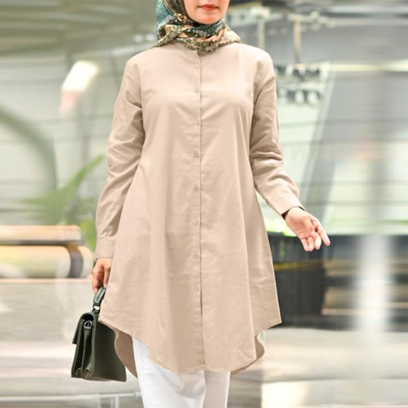 

ZANZEA Женская повседневная хлопковая блузка свободного кроя с длинными рукавами и отложным воротником 3XL бежевый