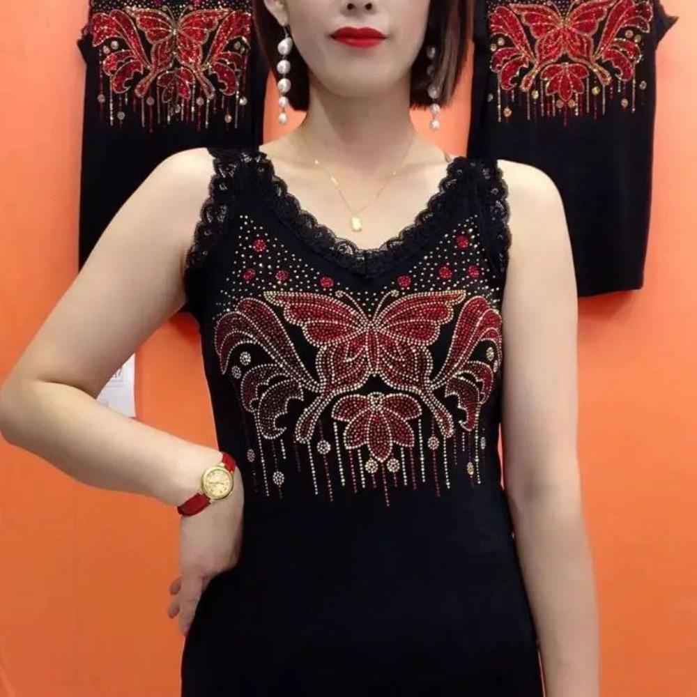 Vintage Chic Phoenix Diamonds Tanks Elegant V-Neck Lace Spliced Summer New Sleeveless Women's Slim Casual Fashion