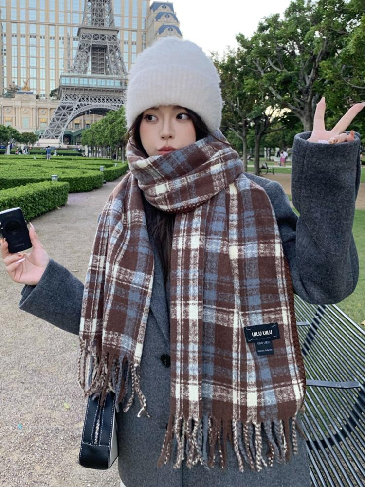 Retro Fashion Winter Women Knitted Scarf Headscarf Casual Preppy Plaid Tassel Scarve Lady Mujer Wrap Shawl Korean New Christmas