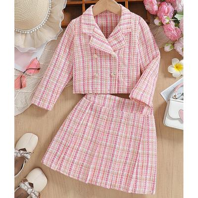 Sweet Girls' Plaid Set Autumn Kids' Fashion Pink Plaid Tweed Skirt Two-Piece Set