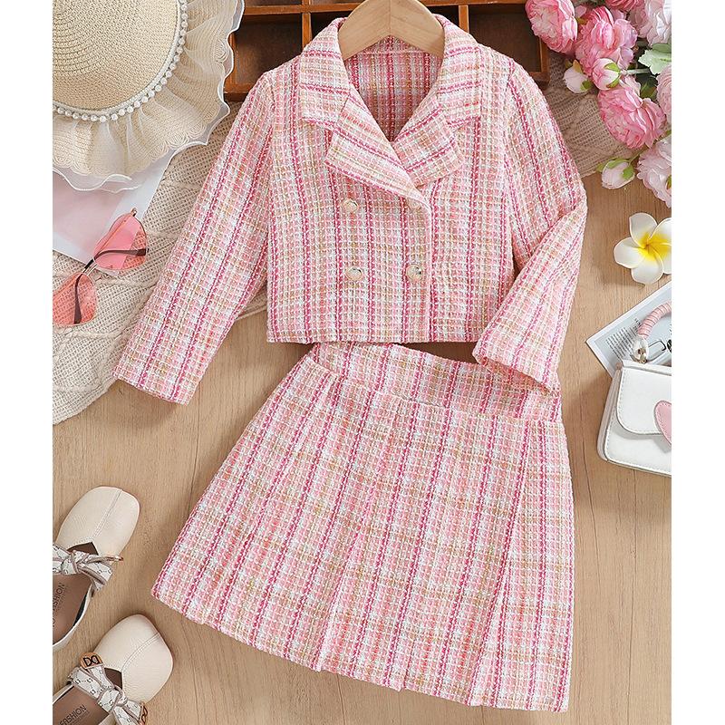 

Солодкий картатий набір для дівчаток Осінній дитячий модний рожевий картатий твідовий костюм-двійка 3-4Y