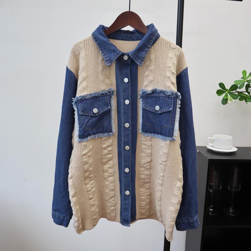 

Свободная джинсовая куртка-свитер с лоскутной отделкой, новая модель осени и зимы, средней длины, вязаный кардиган для женщин one size fits all хаки