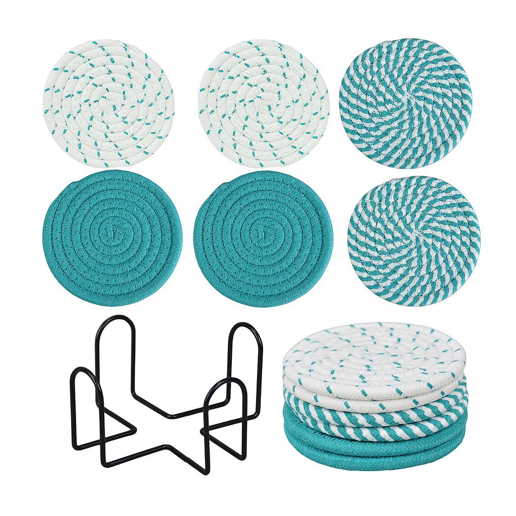 Set of 6 Round Woven Cotton Yarn Placemats with Non Slip Heat Resistant Surface and Metal Storage Rack for Dining Table Protection
