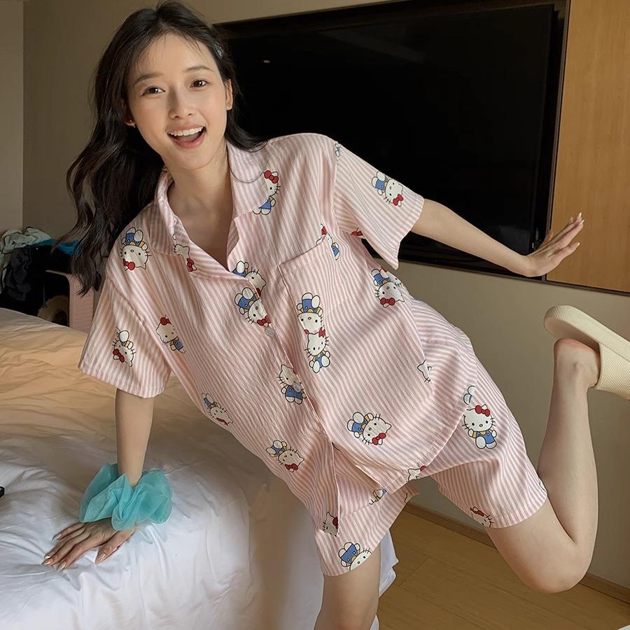 

HelloKitty Striped Pajama Set Women s Summer New Cute Wind Outside Printed Casual Loungewear M