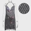 Rhinestone Spaghetti Strap Deep V Backless Nightclub Dress YX1401