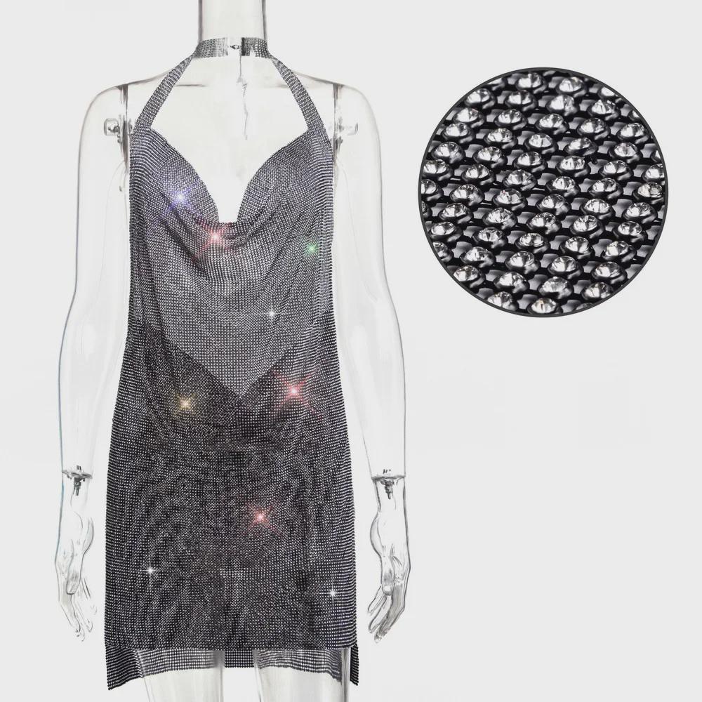 Rhinestone Spaghetti Strap Deep V Backless Nightclub Dress YX1401