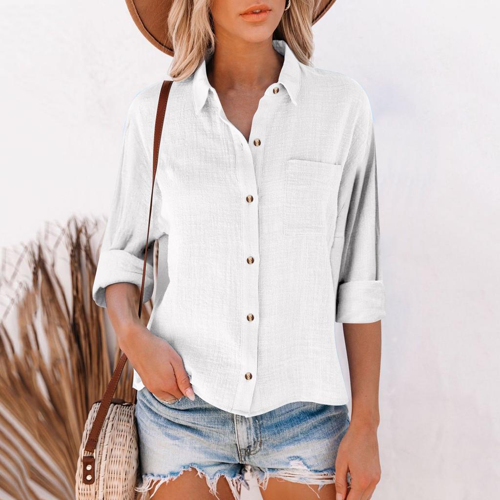 Women's Loose Cotton Linen Solid Color Long Sleeve Cardigan Irregular Pocket Shirt Top