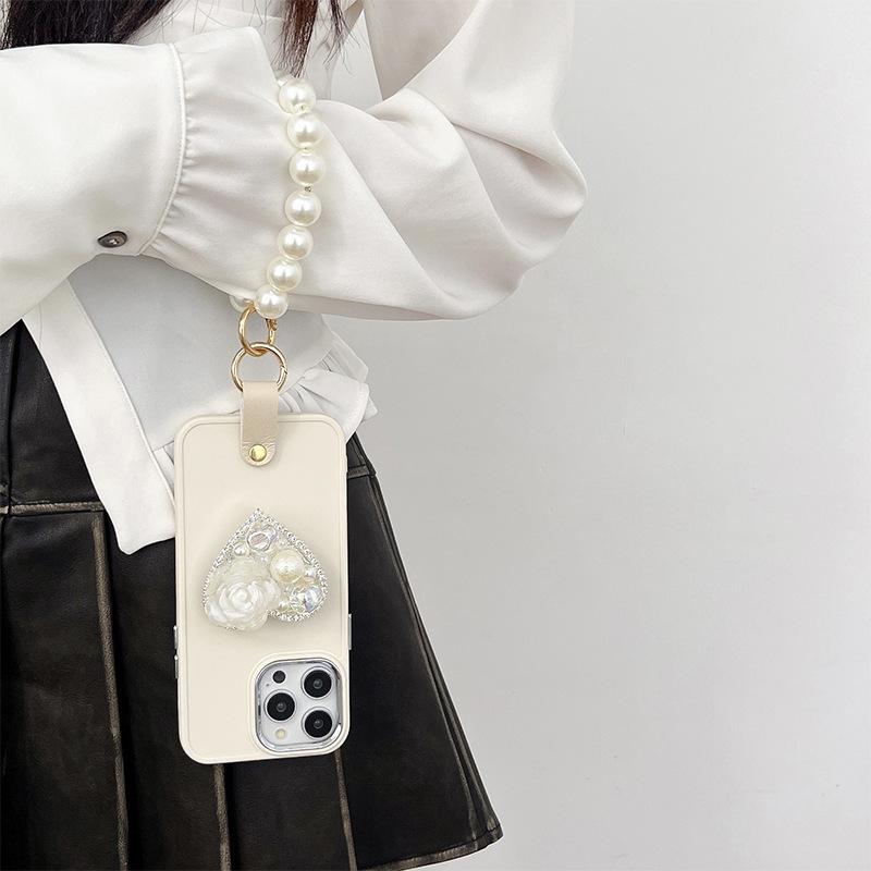 For IPhone 15 Rhinestone Pearl Love Stand Mobile Phone Case for IPhone 17 Pearl Hand Chain Crossbody Rope Silicone