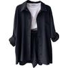 European and American Women's Crinkle Lapel Shirt & High Waist Shorts Two-Piece Set