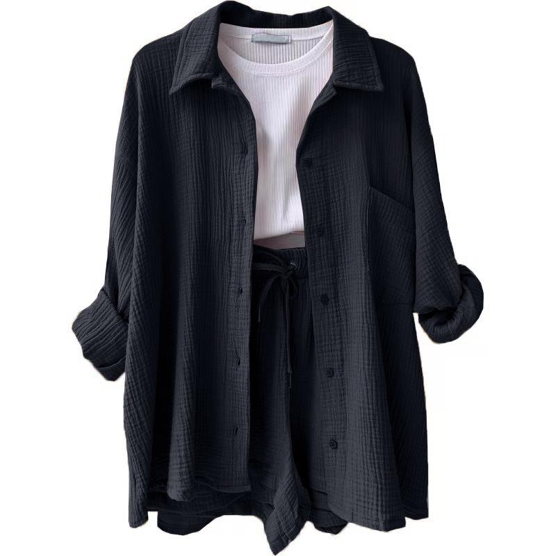 European and American Women's Crinkle Lapel Shirt & High Waist Shorts Two-Piece Set