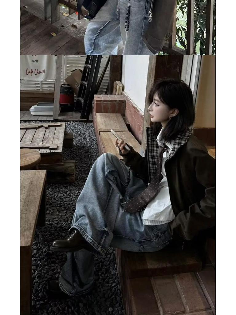 Unisex Retro Harrington Jacket – Plaid Lapel, Patchwork Design, Short Workwear Style for Spring/Autumn