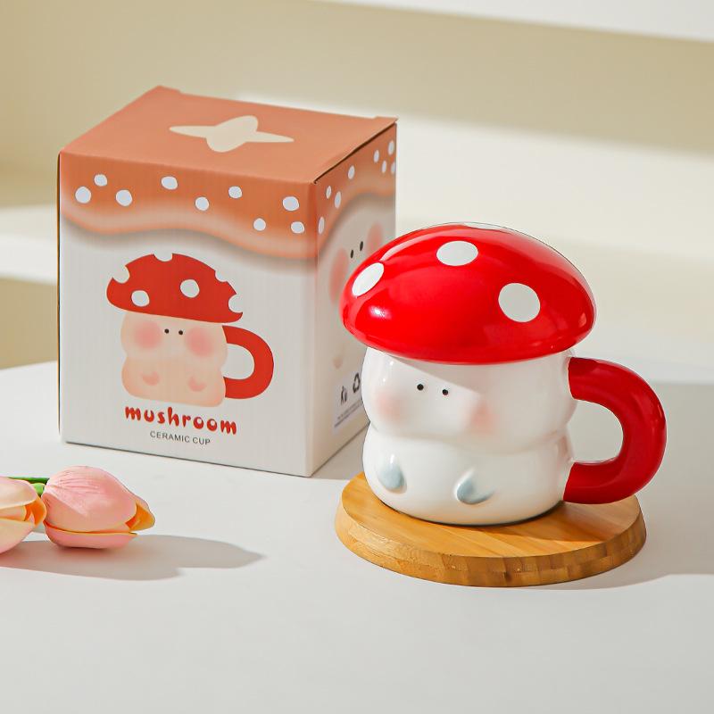 Girl's heart cartoon cute mushroom ceramic cup with lid souvenir high value creative ceramic mug coffee cup