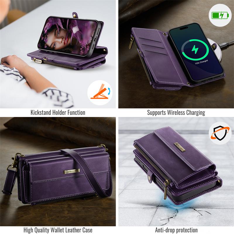 CaseMe Flip Leather Phone Case for iPhone 17 Pro Max Air 16 Plus 16E 15 14 13 Mini 12 11 X XS XR SE 2022 8 Long Lanyard Zipper Wallet Multi Card Cover