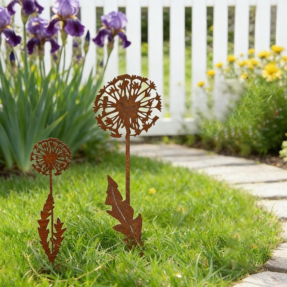 Rusty Finish Dandelion Garden Art Rustic Metal Stake