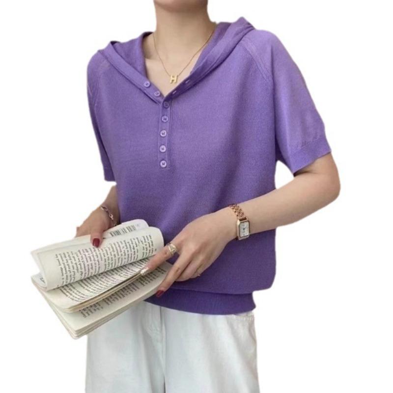 Summer Hooded Knitted T-shirt Women's Loose Ice Silk Top Knitted Sweater Thin