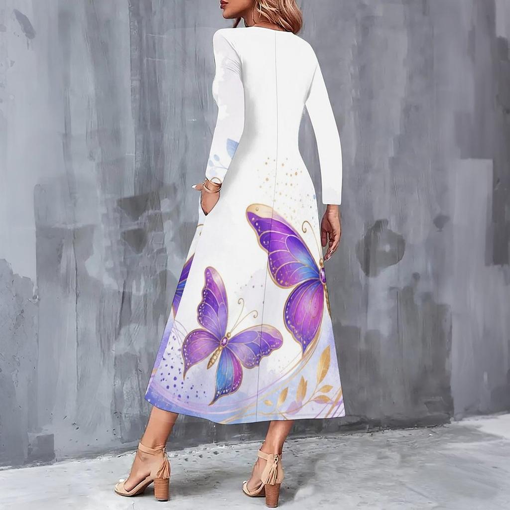 Women Plus Size V Neck Long Sleeve Butterfly Printed Black A Line Midi Dress With Pockets