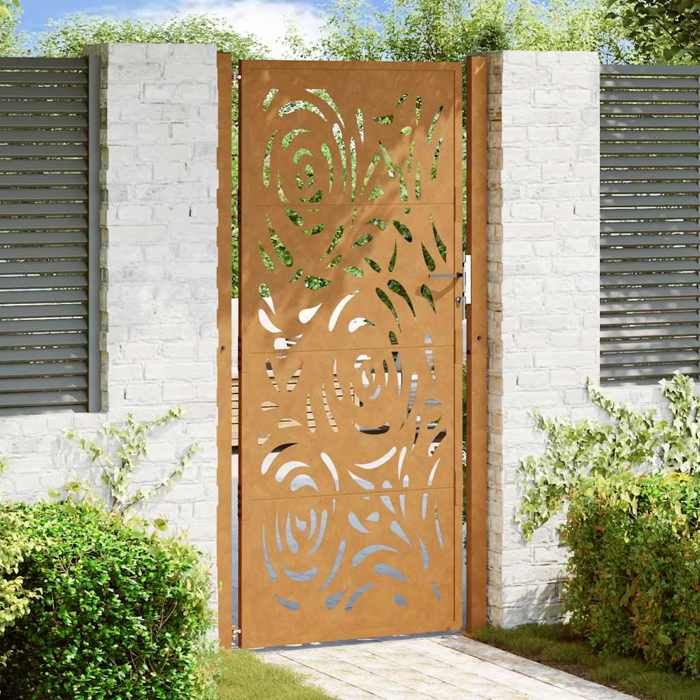 VidaXL Garden Gate Weatherproof Steel Flame Design, Fence Gate, Outdoor Gate, Metal Gate, 4100998