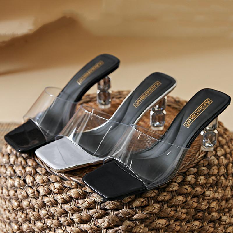 Fashion Luxury Rhinestone Thin Heel Women Sandals Transparent PVC Square Toe Slide Sandals Summer Fashion Sexy Open Toe Designer Shoes