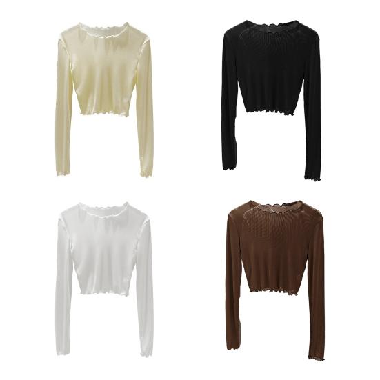 Women Summer Bottoming Tops Round Neck Long Sleeve Mesh Perspective Tops Sun Protection Inner Tops Daily Wear