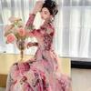 Tingfly Kobiety Moda Kwiatowy Nadruk Marszczony Elastyczny Szyfon Midi Długie Sukienki Pani Bohemska Zwiewna Codzienna Uliczna Sukienka Elbise Robes