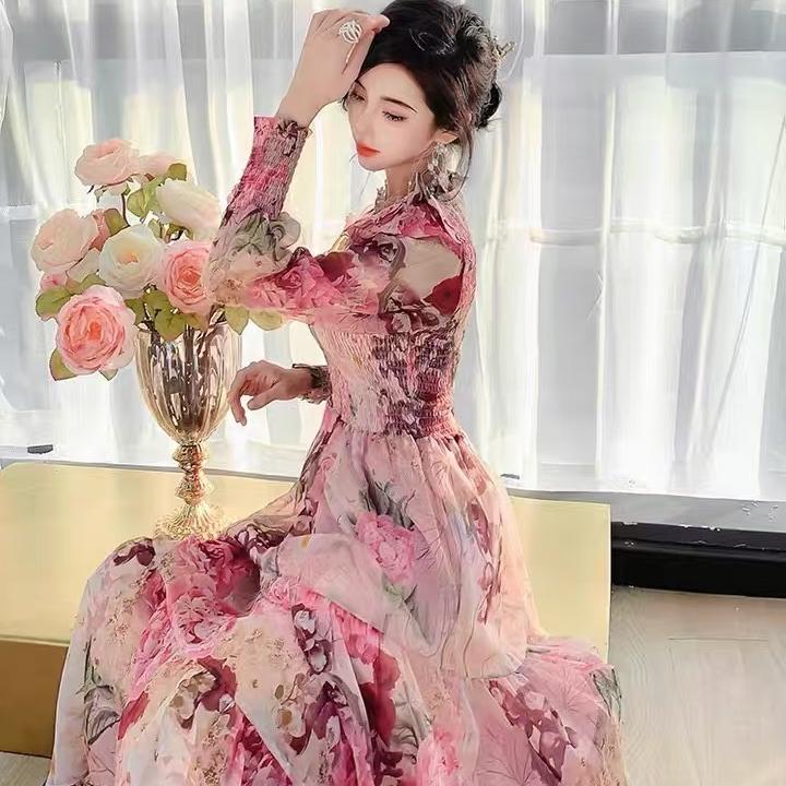 Tingfly Kobiety Moda Kwiatowy Nadruk Marszczony Elastyczny Szyfon Midi Długie Sukienki Pani Bohemska Zwiewna Codzienna Uliczna Sukienka Elbise Robes