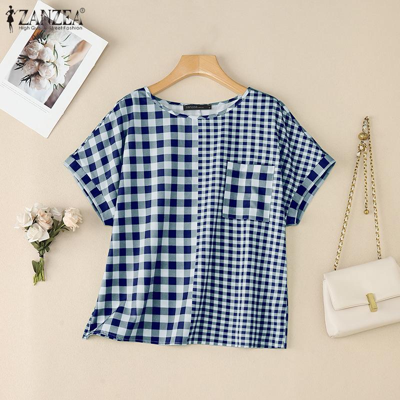 ZANZEA Women Casual Round Neck Plaid Print Summer Short Sleeve Blouse