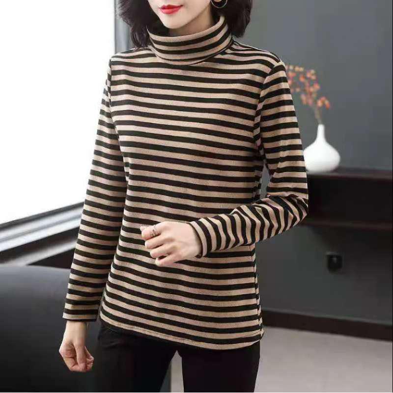 

Women s 2026 High-Neck Fleece-Lined Striped Long Sleeve Base Layer Shirt - Plus Size, Autumn/Winter 4XL хакі